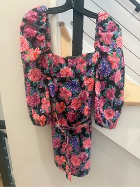 Zara Floral Sweetheart Neck Puff Sleeve Mini Dress Pink Black